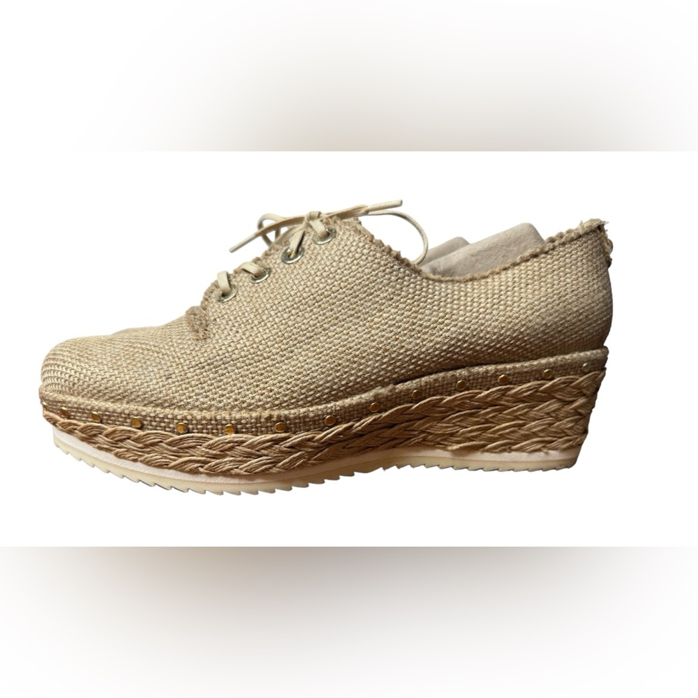 Stuart Weitzman straw shoes Oxford raffia platform rivets summer burlap luxury